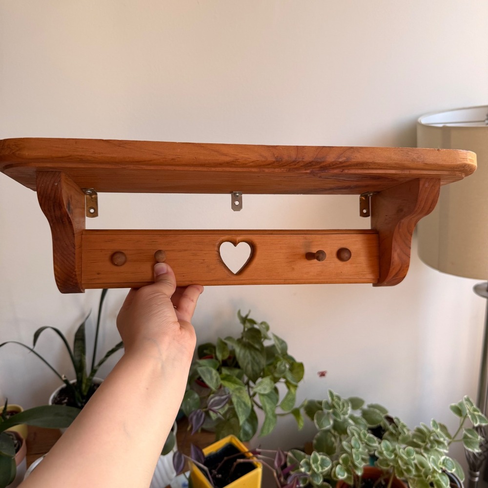 Vintage Pine Wood Wall Shelf with Heart Cutout and 4 Pegs Farmhouse Country